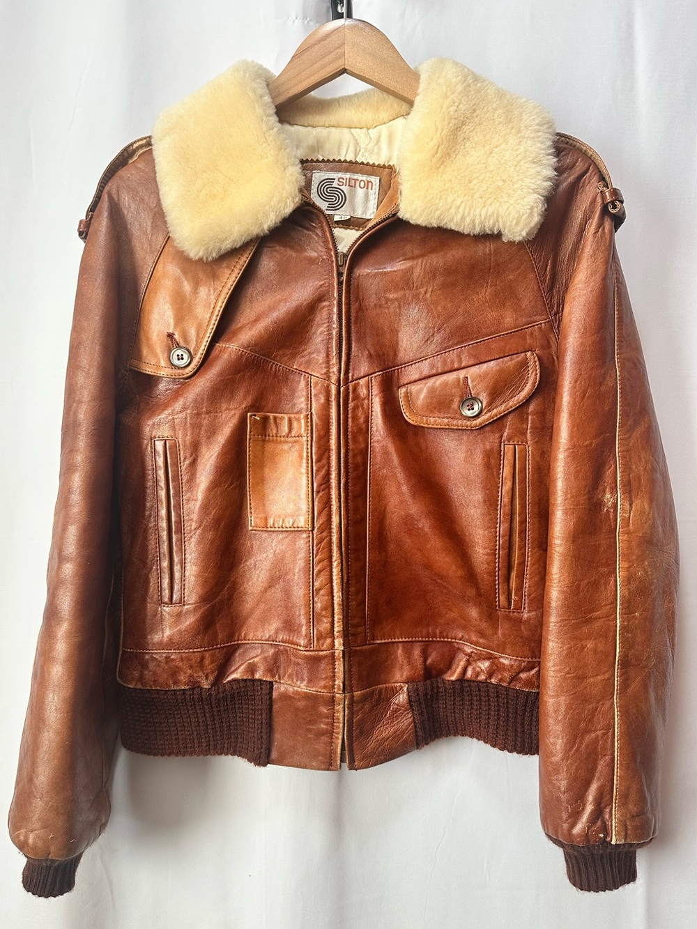 Vintage 1970s LAMBSKIN Leather Jacket Sherpa Collar SILTON Flight Bomber